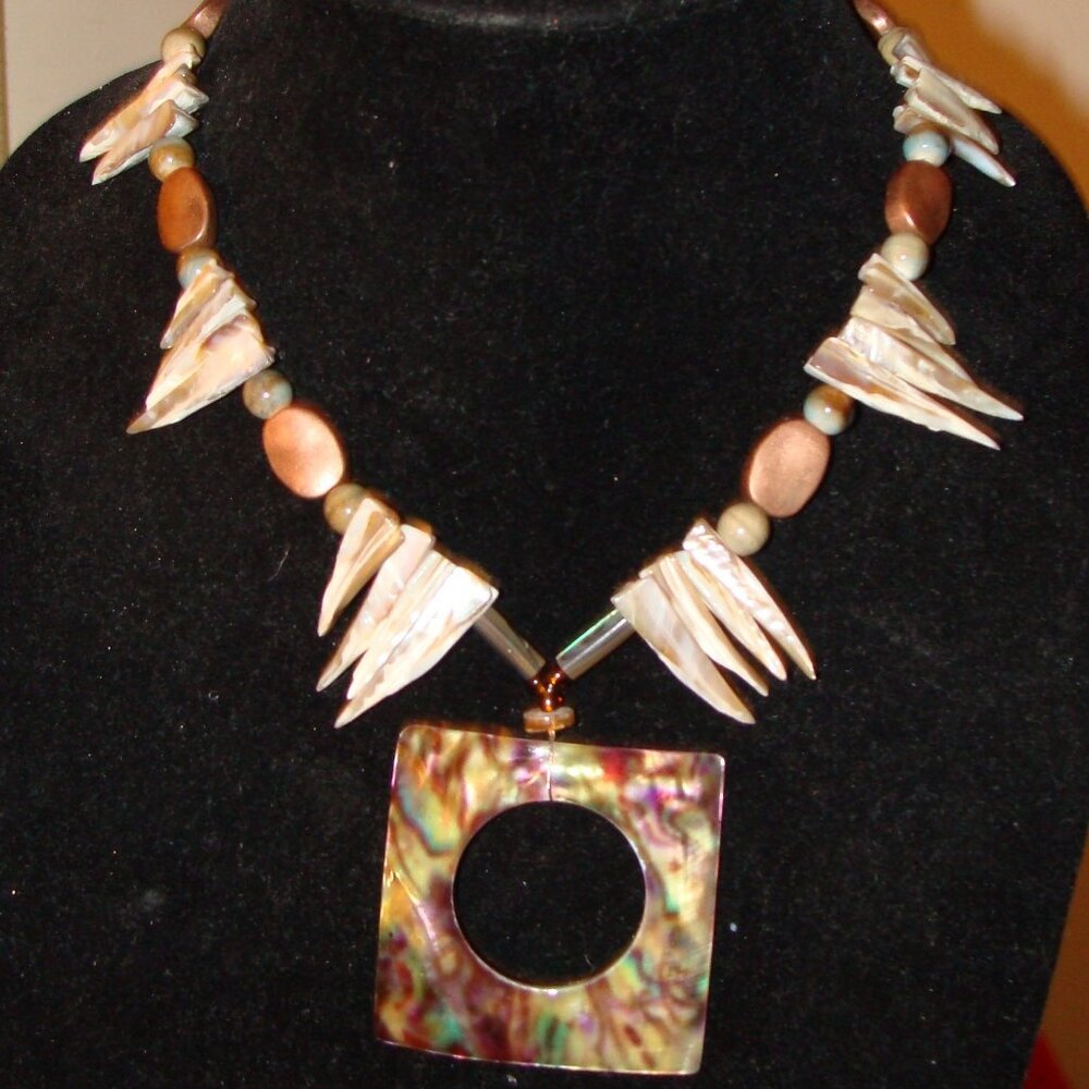 Custom Jewelry, Square Shell with Hole Pendant, Bronze and Shell Spike Accents